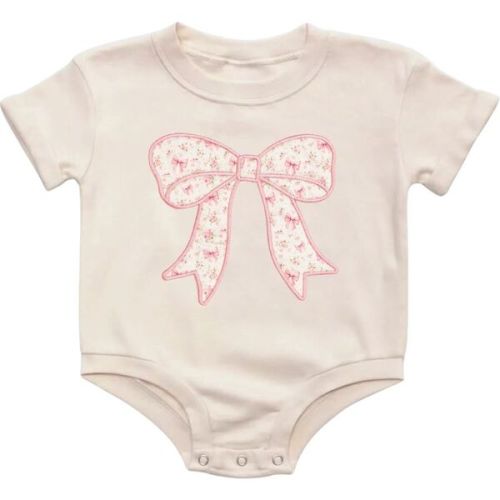 Ditsy Floral Bow Patch Short Sleeve Romper, Natural - Sweet Wink | Maisonette