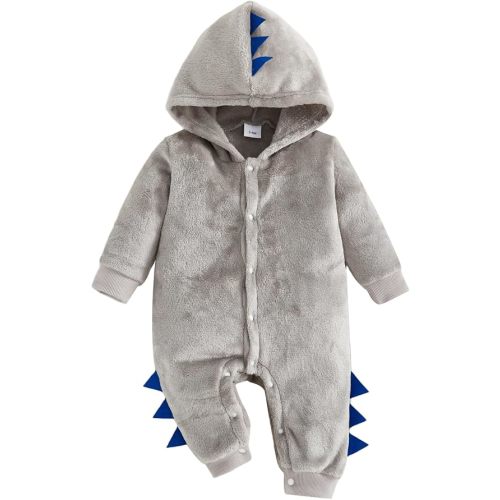 Baby Boys Dinosaur Outfit Fleece Bodysuit Infant One Piece Hooded Button Romper Outerwear Jumpsuit Toddler Jackets