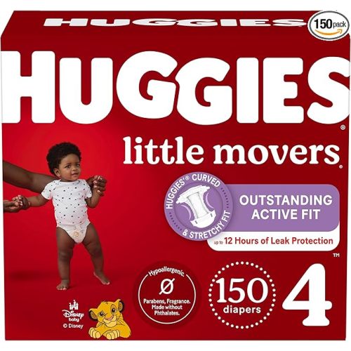 Huggies Size 4 Diapers, Little Movers Baby Diapers, Size 4 (22-37 lbs), 150 Count (6 Packs of 25), Packaging May Vary