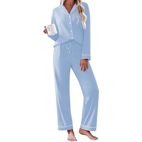 Ekouaer Womens Pajamas Set Cotton Long Sleeve Button Down Sleepwear Top and Long Pants Set Soft 2 Piece Pjs Lounge Set S-XXL