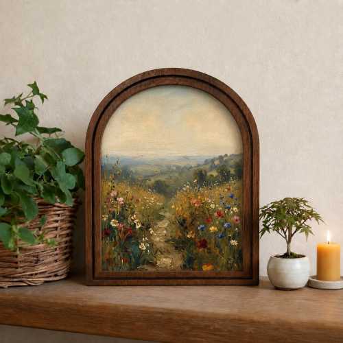 Vintage Wildflower Meadow Wall Art, Arched Framed Canvas Print, Rustic Cottagecore Landscape Farmhouse Decor