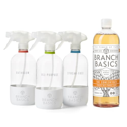 Branch Basics Cleaning Essentials Kit in Glass: All Purpose Cleaner and Bathroom Cleaner - Concentrate (33.8 Oz) + Glass Spray Bottles for Cleaning (16 Oz) Fragrance-Free