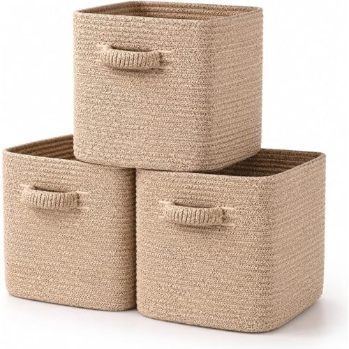11 Inch Cube Storage Bins, 3 Pack Cotton Rope Woven Baskets for Organizing, Square Storage Baskets with Soft Cotton-rope Wrapped Handles for Shelves, Closet, Nursery,Toys, Clothes and Bathroom