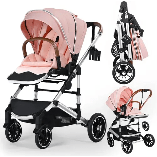 Kinder King Convertible Baby Stroller for Infant and Newborn, Foldable High Landscape Infant Carriage with Reversible Seat, Large Canopy, 5-Point Strap Anti-Shock Toddler Pushchair Stroller, Pinkish