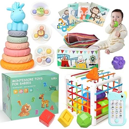 6-18 Months Montessori Baby Toys, Sensory Shapes & Storage Bin, Stacking Toys, Dinosaur Phone, Suction Cup Spinner Toy, Cloth Book, Infant Bath Time Fun