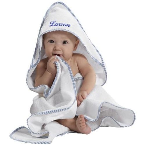 Custom Personalized Embroidered Cotton White w/Blue Bath Baby Hooded Towel