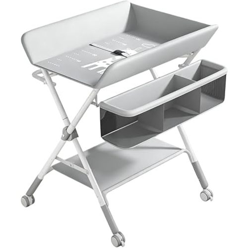 2-in-1 Baby Changing Table with Storage for Newborn, Portable Diaper Changing Station, Adjustable Height Nursery Organizer with Large Storage Rack for Newborns, Infants and Toddlers, Grey
