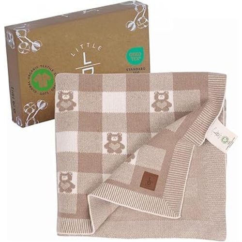 Gender-Neutral Checkered Baby Blanket 30x40 Inches, Mocha Teddy Bear – 100% Organic GOTS Certified Cotton, Soft and Lightweight, Perfect for Swaddling