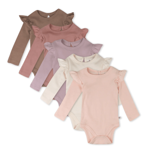 5-Pack Organic Cotton Long Sleeve Ruffle Bodysuits in Autumn Pinks (6-9 Months)| Honest Baby Clothing