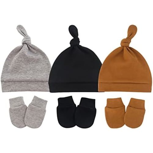 YIFAM 3 PCS Cotton Baby Hats, Newborn Hospital Hats Winter Soft Knotted for Boys and Girls, Newborn Hat 0-6 Month with Mitten