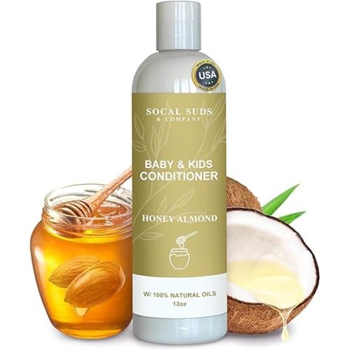 SoCal Suds & Company Organic Baby & Kids Conditioner – Moisturizing Formula with Natural Honey Almond Scent, Gentle & Nourishing, All Hair Types, Non-Greasy, Ideal for Sensitive Scalps, 12oz