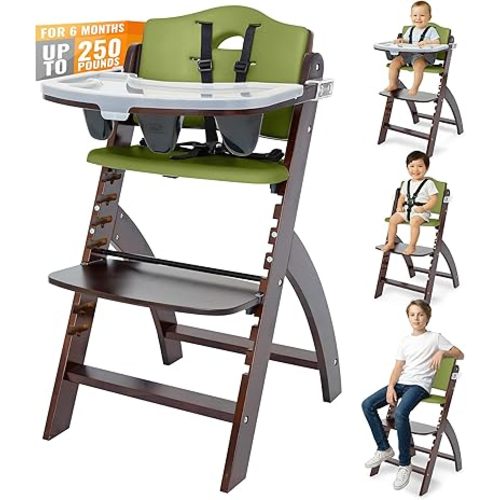 Abiie Beyond Junior Wooden High Chair for Babies and Toddlers - Convertible 3-in-1 Baby Highchair with Removable Tray - 6 Months to 250 Lb - Water Resistant - Mahogany Wood/Olive Cushion