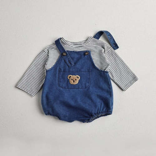 Teddy Bear Denim Jumpsuit with Striped Top Set | RYAN AND REMI