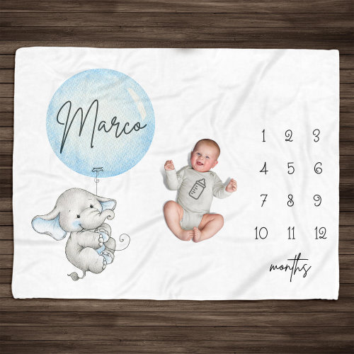 Personalized Cute Baby Elephant Milestone Blanket Boy Monthly Photos Blanket, Newborn Nursery, Baby Age Blanket Baby Shower Gift