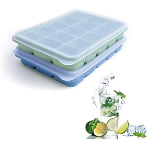Ice Cube Trays Set of 2, Easy Release 15 Flexible Silicone Ice Cube Molds with Removable Lid Reusable Freezer Ice Trays Stackable for Whiskey, Baby Food, BPA Free (BLUE+GREEN)