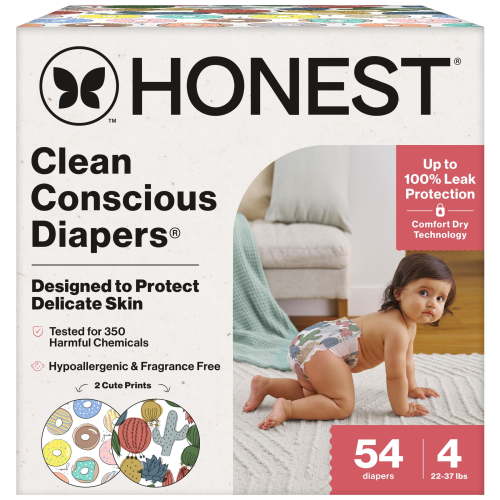 The Honest Company Clean Conscious Diapers Up to 100% Leak Protection I Designed to Protect Delicate Skin I Hypoallergenic + Fragrance Free | Donut Grow Up + Cactus Cuties, Size 4, 54 Count Club Box