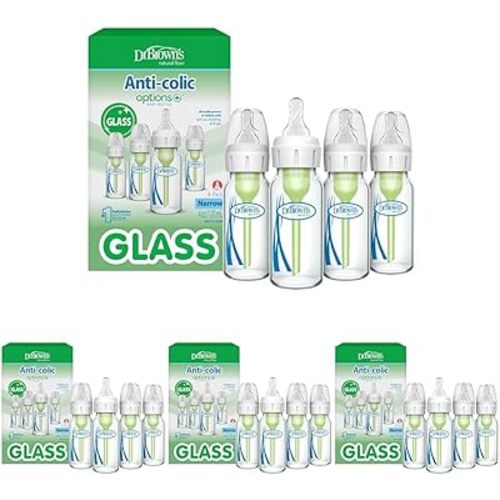 Dr. Brown's Anti-Colic Options+ Narrow Glass Baby Bottle with Level 1 Slow Flow Nipple, BPA-Free, 4 oz/120mL, 16-Pack