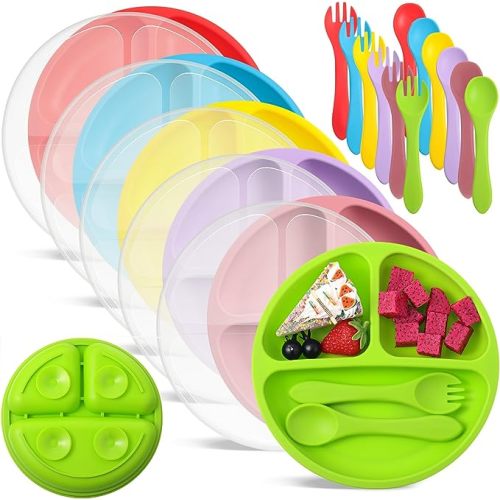 Meanplan 6 Pack Suction Plates for Toddlers with Lids Silicone Baby Plates set Food Grade Silicone Divided Design BPA Free Microwave and Dishwasher Safe Assorted Colors(Bright Colors)