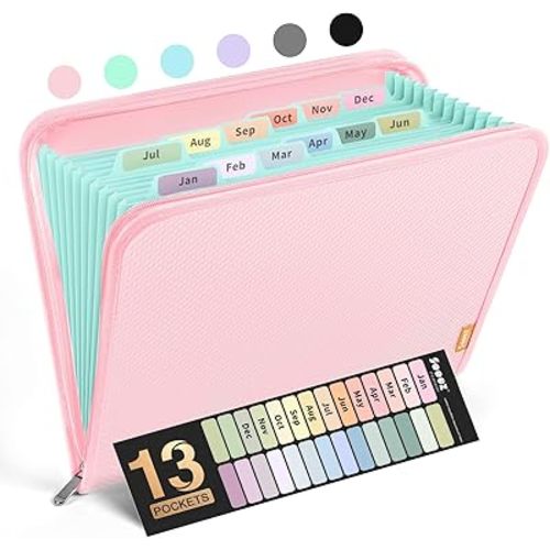Sooez 13 Pocket Accordion File Organizer, Zipper Expanding File Folder Organizer, Reinforced Plastic Accordion Folder, A4 Letter Size, Portable Folders for Documents, Pink