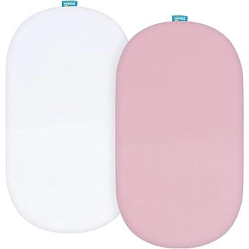 Bassinet Sheets Fit for Rectangle, Hourglass or Oval Bassinet Mattress, Universal Fitted Sheet Set for Various Bassinet Mattress Pad, 2 Pack, Ultra Soft Microfiber Sheets, White & Pink
