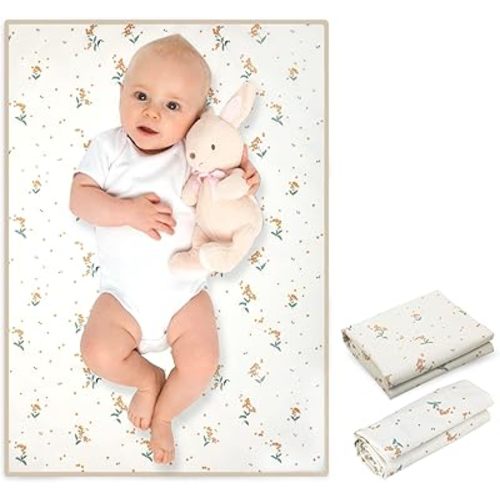Vegan Leather Baby Changing Mat - Wipeable Portable Changing Pad, Foldable Travel Changing Mat for Baby, Newborns Toddlers Shower Gifts (Orange Floral,20"*28")