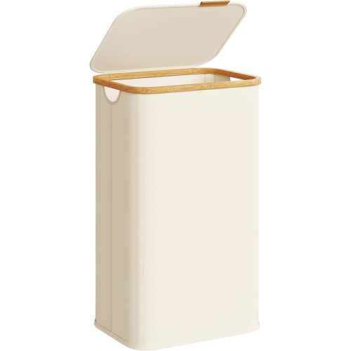 SONGMICS Laundry Hamper, Laundry Basket with Lid, Foldable Storage Basket, Bamboo Frame, for Bedroom, Living Room, Oxford Fabric, 26.4 Gal. (100 L), Cream White ULCB518WD01