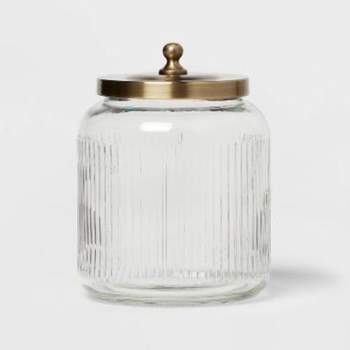 Medium Glass Bath Canister Brass - Threshold™: Elegant Storage Jar with Lid for Bathroom Organization, 43.9oz Capacity