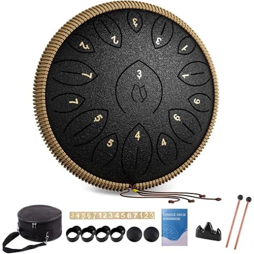 Steel Tongue Drum 12 Inch 15 Notes, Steel Drums Instruments for Kids Adults, Hand Pan Drum with Music Book, Drum Mallets and Carry Bag, Handpan C Major, Black