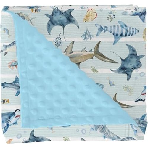 Sharks Boho Neutral Baby Blankets for Girl Boy Sea Shark Species Soft Mink Dotted Backing Double Layer Swaddle Blanket Marine Ocean Shark Lover Gift Bed Throw for Newborn Infant Toddler Nursery 30x40