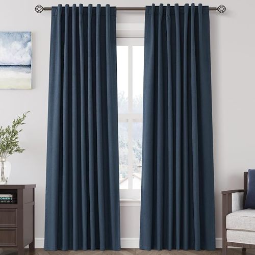 Nanspring Vintage Blue 100% Blackout Linen Curtains 84 Inch Length 2 Panels Set for Bedroom Back Tab Vintage Farmhouse Decor Black Out Curtain for Living Room Office Thermal Insulated Drapes 52x84