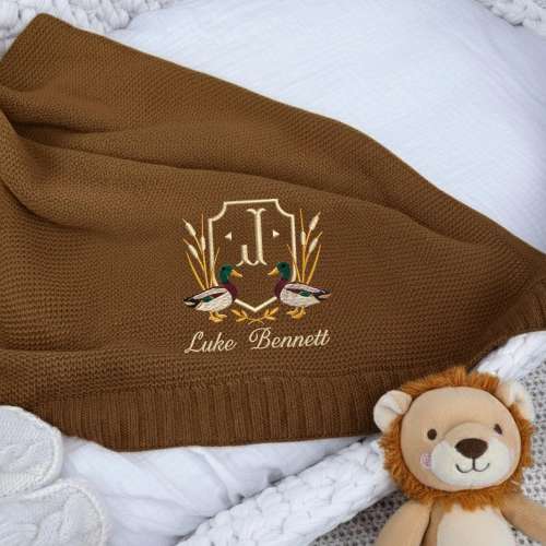 Embroidered Monogrammed Baby Blanket, Custom Mallard Ducks Crest Quilt Blanket, Baby Shower Gift for Boy, Duckling Baby Christmas Gift