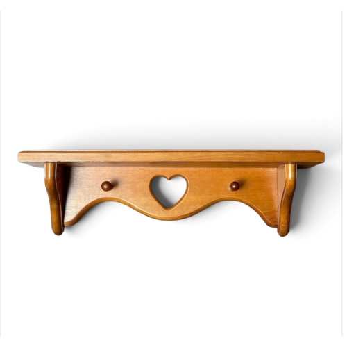 Vintage Maple Wood Heart Cutout Shelf with Pegs- Honey Finish 18"| Country Cottage Wall| Farmhouse Coat Rack Shelf| Solid Wood Display Shelf