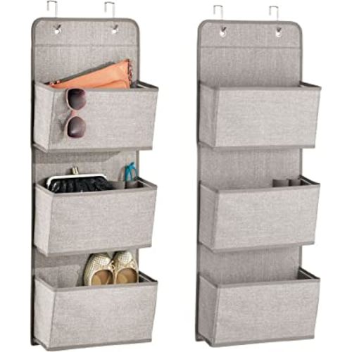 mDesign Fabric Hanging Organizers, Over the Door Storage In Bedroom/Hallway Closets, 3 Pocket Organizer Caddy, Hooks for Clothing, Accessories, Lido Collection, Textured Print, 2 Pack, Linen/Tan