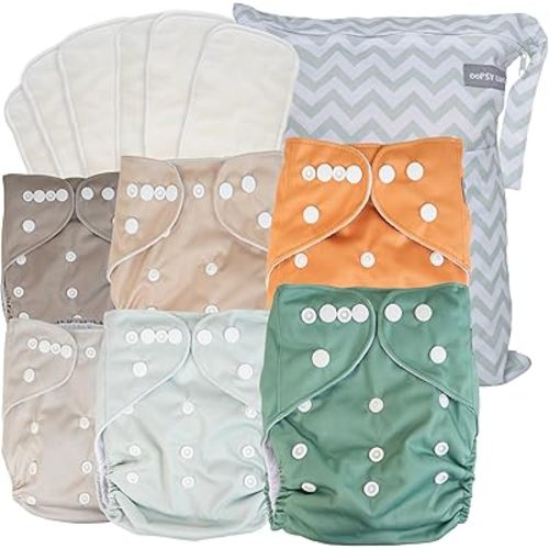 Cloth Diapers 6 Pack with 6 Inserts & Wet Bag – Reusable, Adjustable Fit for Babies & Toddlers – One Size Diapers That Grow with Your Baby – Machine Washable & Eco-Friendly