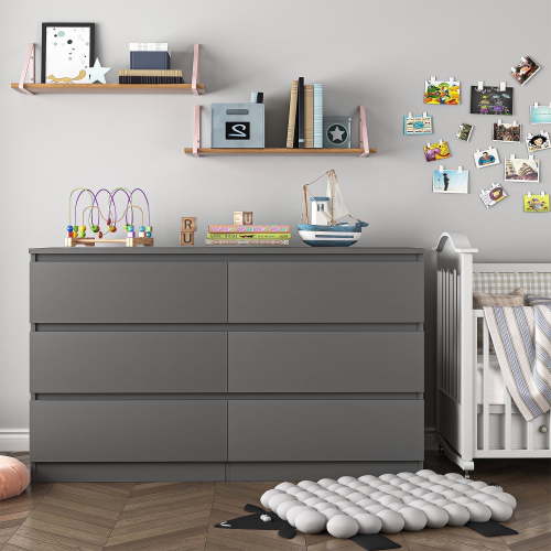 Kadyn Gray 6-Drawer Dresser, Particle Board with Laminate, Modern Bedroom Storage Cabinet