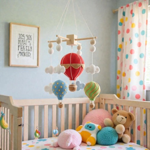 Hot Air Balloon Crochet Hanging Mobile, Handmade Yarn Decor, Colorful Balloon Amigurumi, Whimsical Room Hanging Art