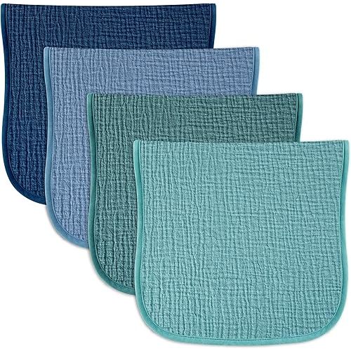 Kewlife gift Baby Muslin Burp Cloths 20x10in - Ultra Soft & Absorbent, Neutral Colors, Reusable Burp Cloths for Baby Boys & Girls – Newborn Essentials for Drooling & Burping 4Pack(Blue&Green)