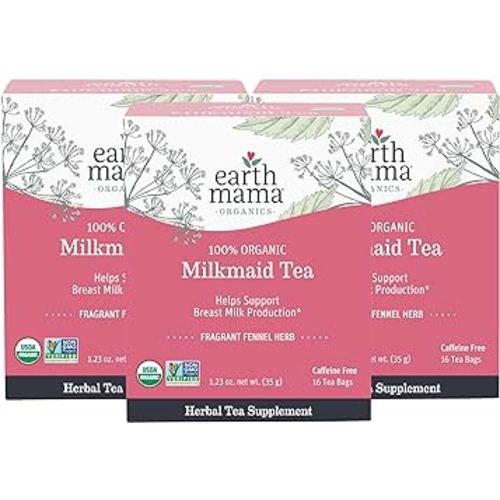 Earth Mama Milkmaid Lactation Tea | 100% Organic, Herbal Breastfeeding Tea Supports Breastfeeding + Breast Milk Supply Production, 16 Teabags Per Box (3-Pack)