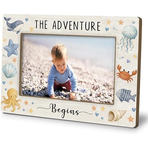 Coastal Baby Boy Girl Picture Frame 4x6, Coastal Beach Nursery Photo Frame Gifts for Boy Son from Mom, The Adventure Begins Picture Photo Frames for Baby Boys Nursery Playroom Desk Decor