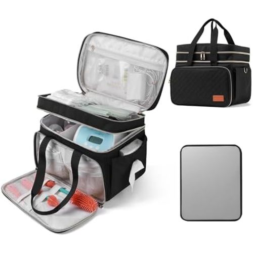 Breast Pump Bag Fits for Spectra S1 and S2, Double Layer Pumping Bag with Waterproof Mat for Pump Accessories, Pump Carrying Bag for Moms Work, Travel - Black