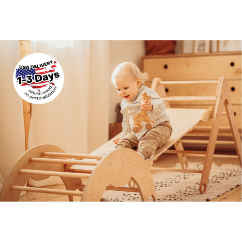 Set of 3 items: foldable Triangle + Arch + Ramp with slide, Climbing Montessori furniture for Toddlers, Wood baby gym