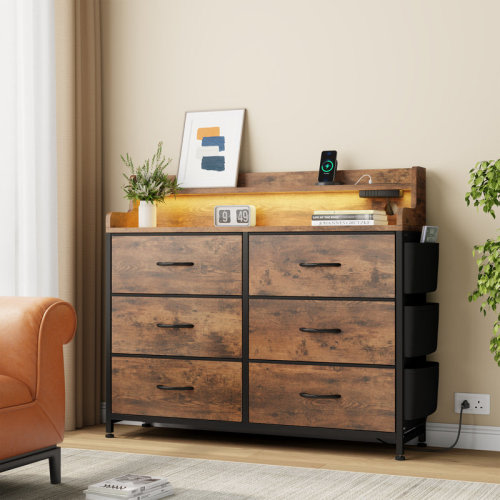 Wrought Studio™ Niekia Dresser For Bedroom 6 Drawers With RGB LED Light And Charging Station, Fabric Dresser With USB Outlet, Modern Chest Of Drawers For Closet Living Room Hallway & Reviews | Wayfair