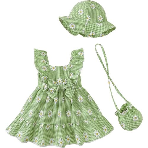 Renotemy Newborn Infant Baby Girl Dresses Summer Outfits Boho Casual Sundress Gifts Toddler Clothes for Girl with Hat and Bag