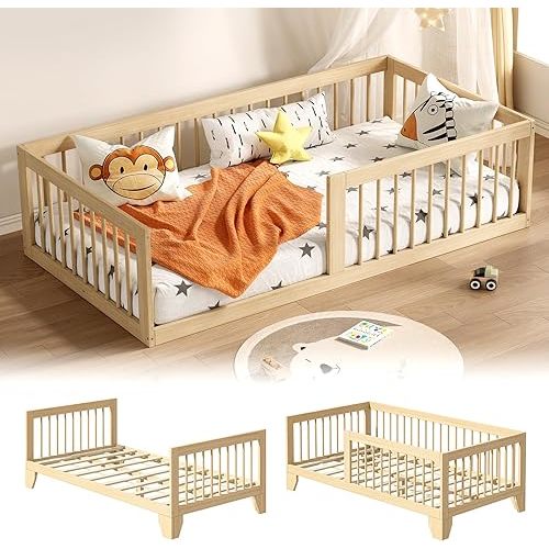 EXPERLAM Montessori Toddler Bed, Variable Twin Floor Bed Frame with Removable Guardrails and Legs, Low Wooden Kids Bed with 10 Slats and Supporting keel, Crib-to-Bed Transition for Bedroom or Nursery