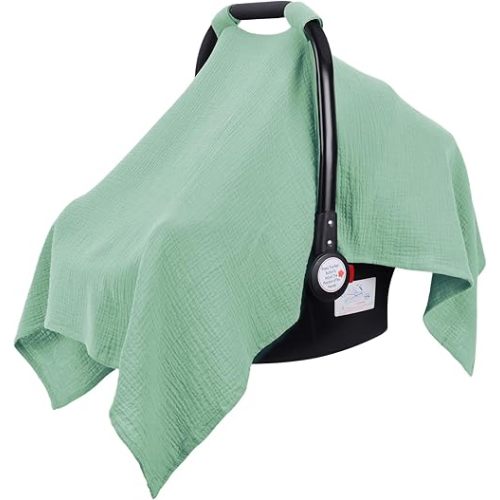 Metplus Muslin Car Seat Cover for Babies, 100% Cotton Breathable Infant Carseat Canopy for Summer, Lightweight Stroller Sunshade Covers for Newborns(Moss Green)