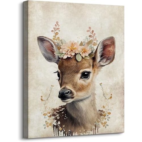 Elegant Sika Deer with Floral Crown Canvas Painting Retro Wildlife Posters Prints Colorful Animal Portrait Pictures Artwork for Nursery Corridor Bedroom Baby Room Decoration 12"x16" Animal Lover Gifts