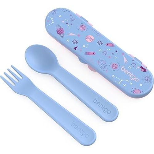 Bentgo Kids Utensil Set - Reusable Plastic Fork, Spoon & Storage Case - BPA-Free Materials, Easy-Grip Handles, Dishwasher Safe - Ideal for School Lunch, Travel, & Outdoors (Lavender Galaxy)
