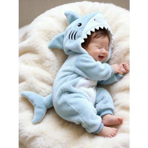 SHEIN Newborn Shark Shaped Outfit, Cute Plush Shark Shaped 3D Hat, Embroidered Shark Face, Long Sleeve Jumpsuit For Baby | SHEIN USA