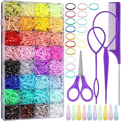 32 Colored Elastic Ties, 1700 Pieces Rubber Bands With 14 Styling Tools, Hair Tie Cutter and Accessories for Girls, Baby, Toddler, Kids