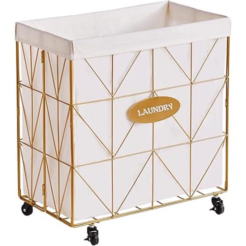 Mxfurhawa Laundry Hamper,Collapsible Laundry Basket Large Capacity Metal Laundry Hamper with Removable Liner, Rolling Wheels and Collapsible Design for Clothes Storage and Organization (110L GOLD)